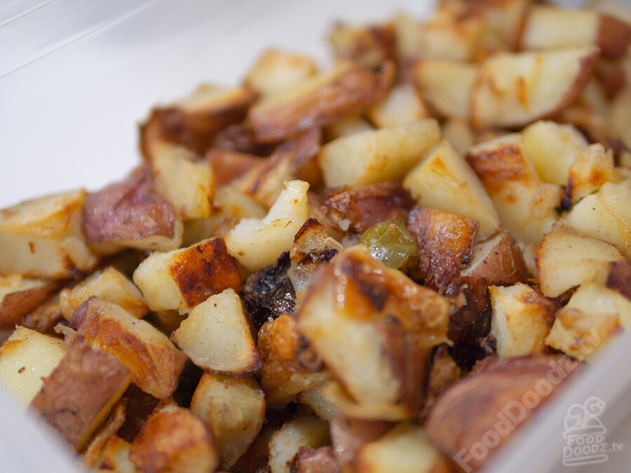 Golden brown chunks of roasted potato with bits of serrano pepper, onion, and garlic dotted here and there. Wow this looks amazingly delicious!