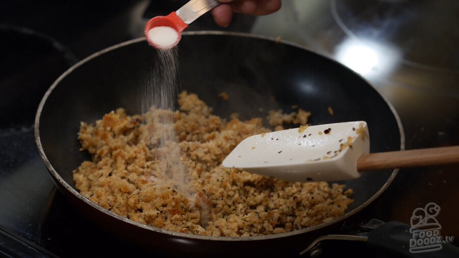 Adding 1/2 teaspoon of sugar to pan of browning textured vegetable protein (TVP)