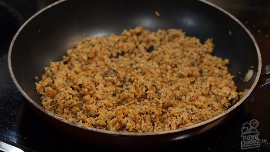 Completed vegan Italian sausage crumbles recipe in skillet. Looks and smells delicious!
