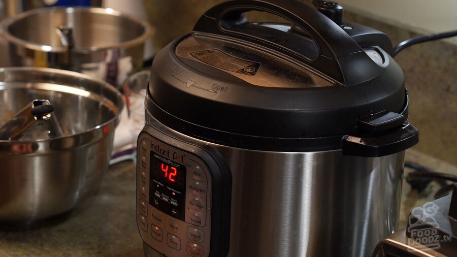 Instant Pot turned on with lid on and timer set to 42 minutes