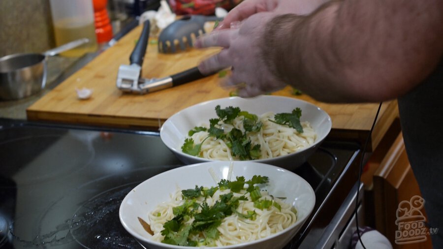 2 bowls with sesame paste, soy sauce, sugar, chinkiang vinegar, noodles, green onions, and cilantro