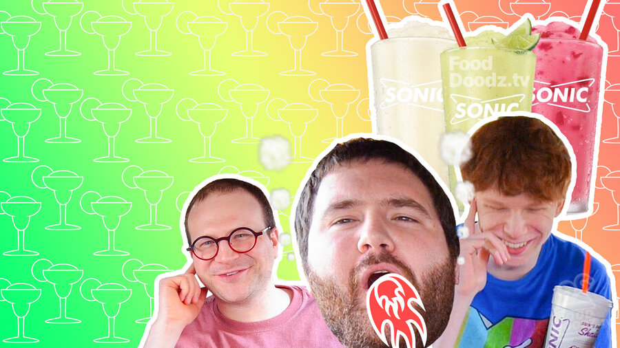 Man breathes fire another smiles holding finger to ear listening to earpiece teen boy holds finger to ear while giggling and holding sonic drink. Behind them are pina colada margarita and strawberry daiquiri drinks and colorful green, yellow, orange, red gradient background with margarita glasses pattern