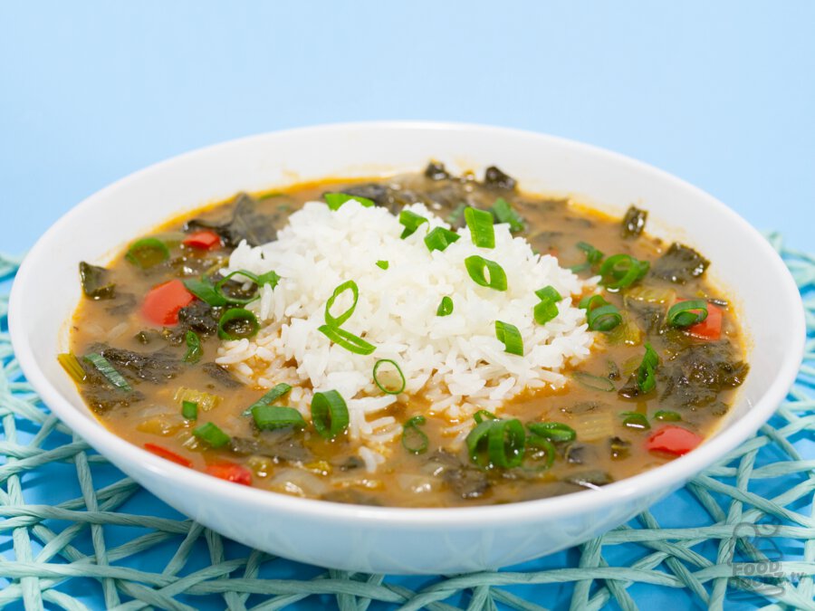 A hearty and delicious bowl of vegan green gumbo with white rice