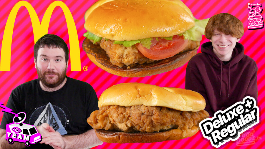 Adam stands looking surprised in front of two giant McDonalds Crispy Chicken Sandwiches, Regular and Deluxe, Conner smiles on the other side. A giant golden arch logo and a pink and red striped background is behind them.