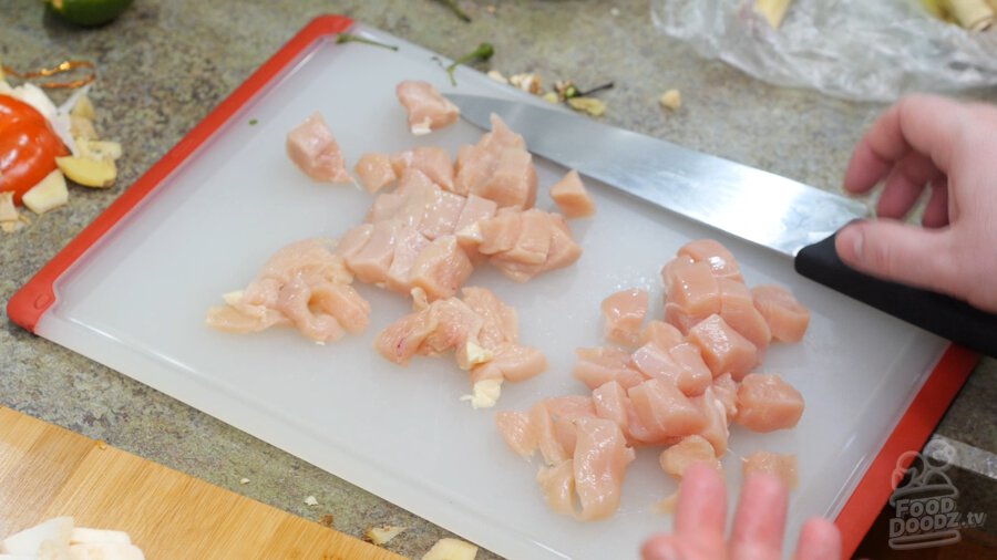 Chicken cut up into bite sized pieces