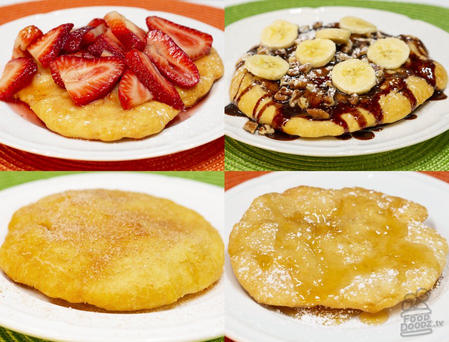 A table filled to the brim with Indian Fry bread topped with various sweet dessert toppings.