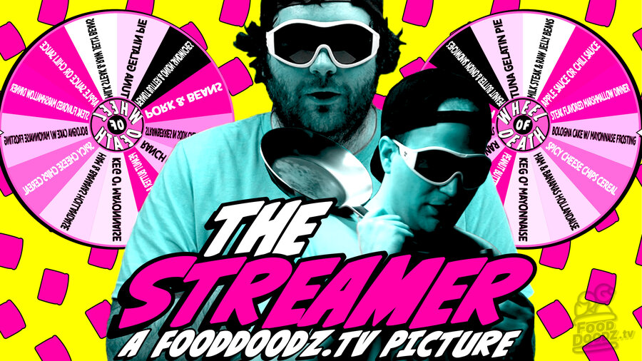 Two large figures colors in blue light wearing very large sunglasses and a black baseball hat backwards. One stands in front looking downward while holding a frying pan on his shoulder and a microphone in the other. The other man is in the background. They are in front of a bright yellow background with pink game show wheels and pink pattered toast. The text The Streamer A FoodDoodz.tv Picture is at the bottom.