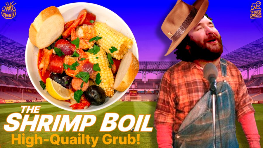 Episode poster of Adam dressed as Farmer Fran from The Waterboy standing in front of a football stadium. A bowl of our supremely spicy shrimp boil is to his left with the words The Shrimp Boil High Quality Grub below.