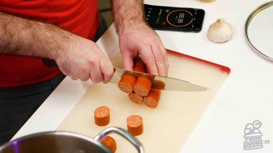 Cutting up sausage
