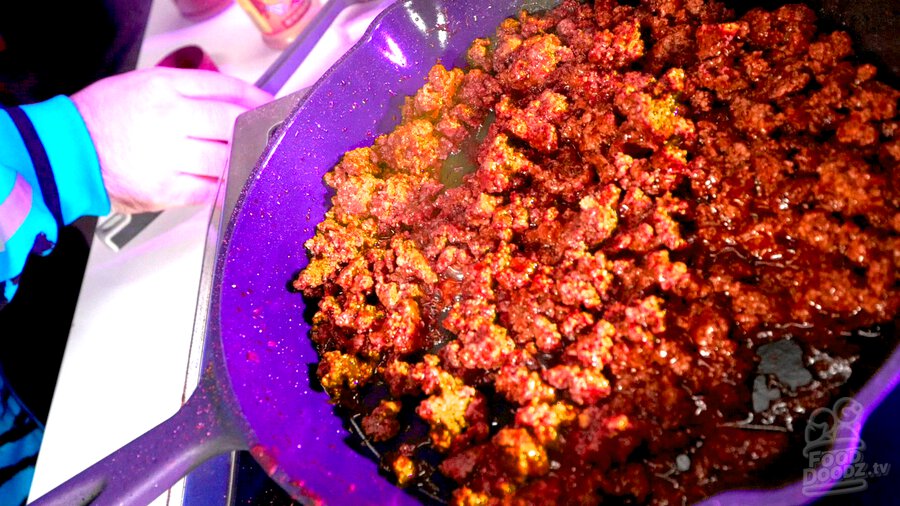 A skillet full of taco bell inspired ground beef.