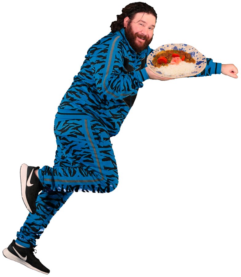 Adam in blue tiger striped jump suit flying like superman while holding plate of Japanese Curry Rice