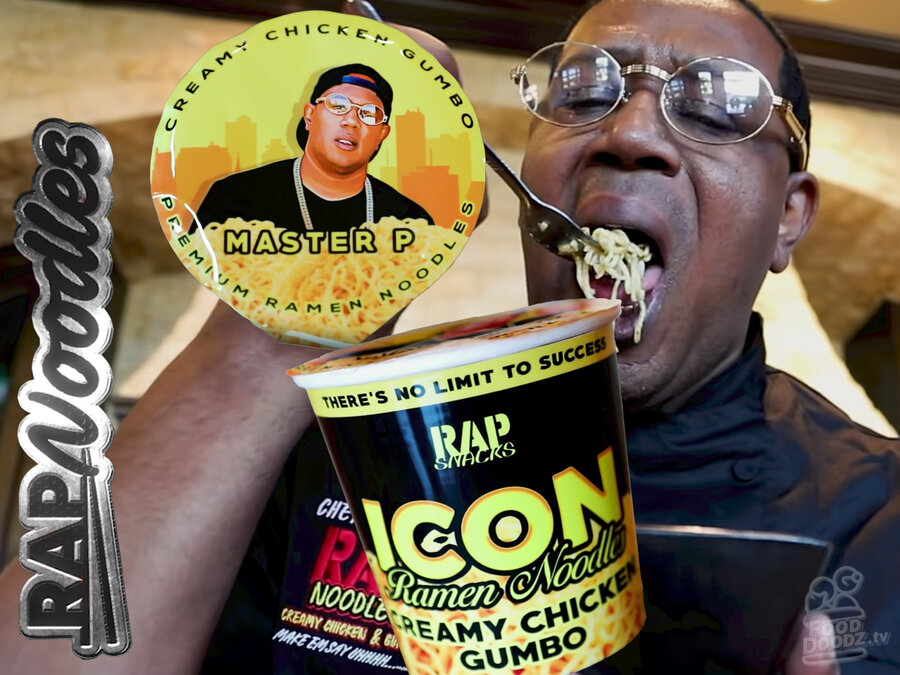 Master P spoons a heaping helping of Creamy Chicken Gumbo Rap Snacks Rap Noodles ramen noodles into his mouth. The packaging and logo surround him in additional images.