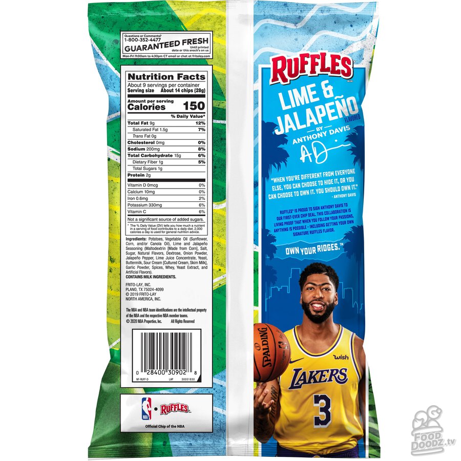 Back of Lime & Jalapeno Ruffles chip bag featuring Anthony Davis