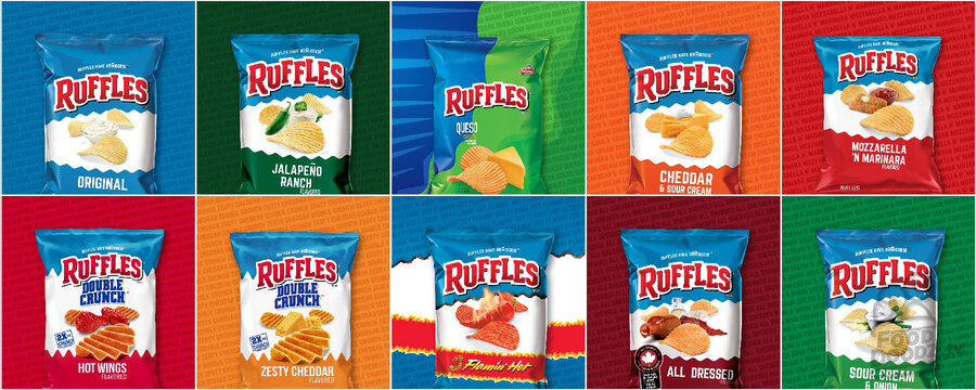 Ruffles current flavor lineup: Original, Jalapeno Ranch, Queso, Cheddar & Sour Cream, Mozzarella 'N Marinara, Hot Wings, Zesty Cheddar, Flamin' Hot, All Dressed, Sour Cream & Onion
