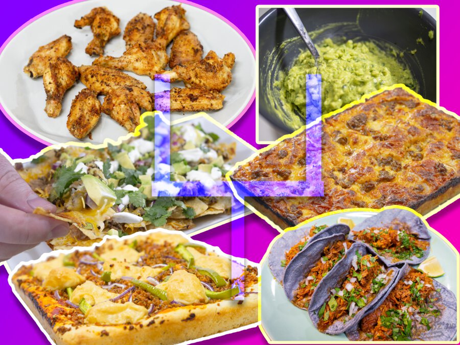 A retro future color scheme accompanies 6 dishes by the FoodDoodz. Pan Pizza, Vegan Pan Pizza, Ultimate Nachos, Carnitas, Guacamole, Air Fried Chicken Wings